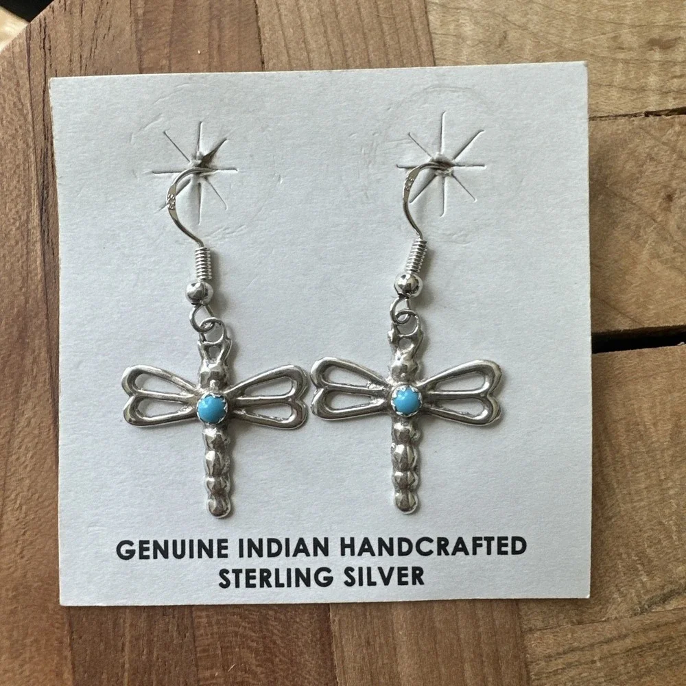VTG Native‎ American Dragonfly Earrings 1.5 Inch Turquoise 925 Sterling 2.5g New